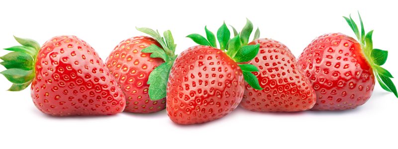 Five ripe strawberries in a line with green leaves isolated on white background with clipping path